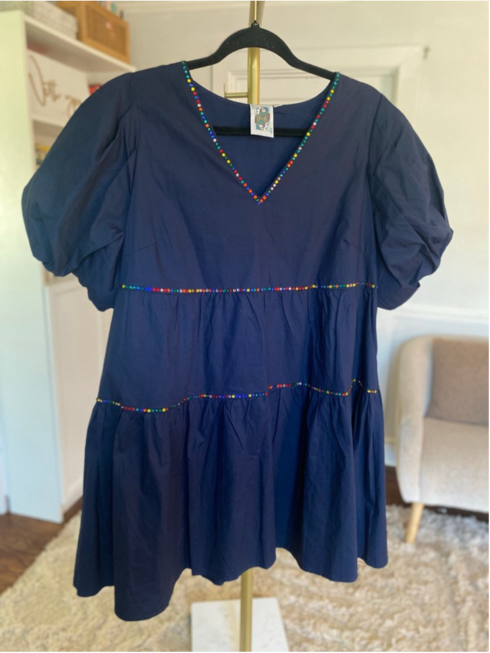 Queen Of Sparkles Navy Firework Sequin Puff Sleeve Mini Dress Quiet Luxury Bold - Picture 2 of 8